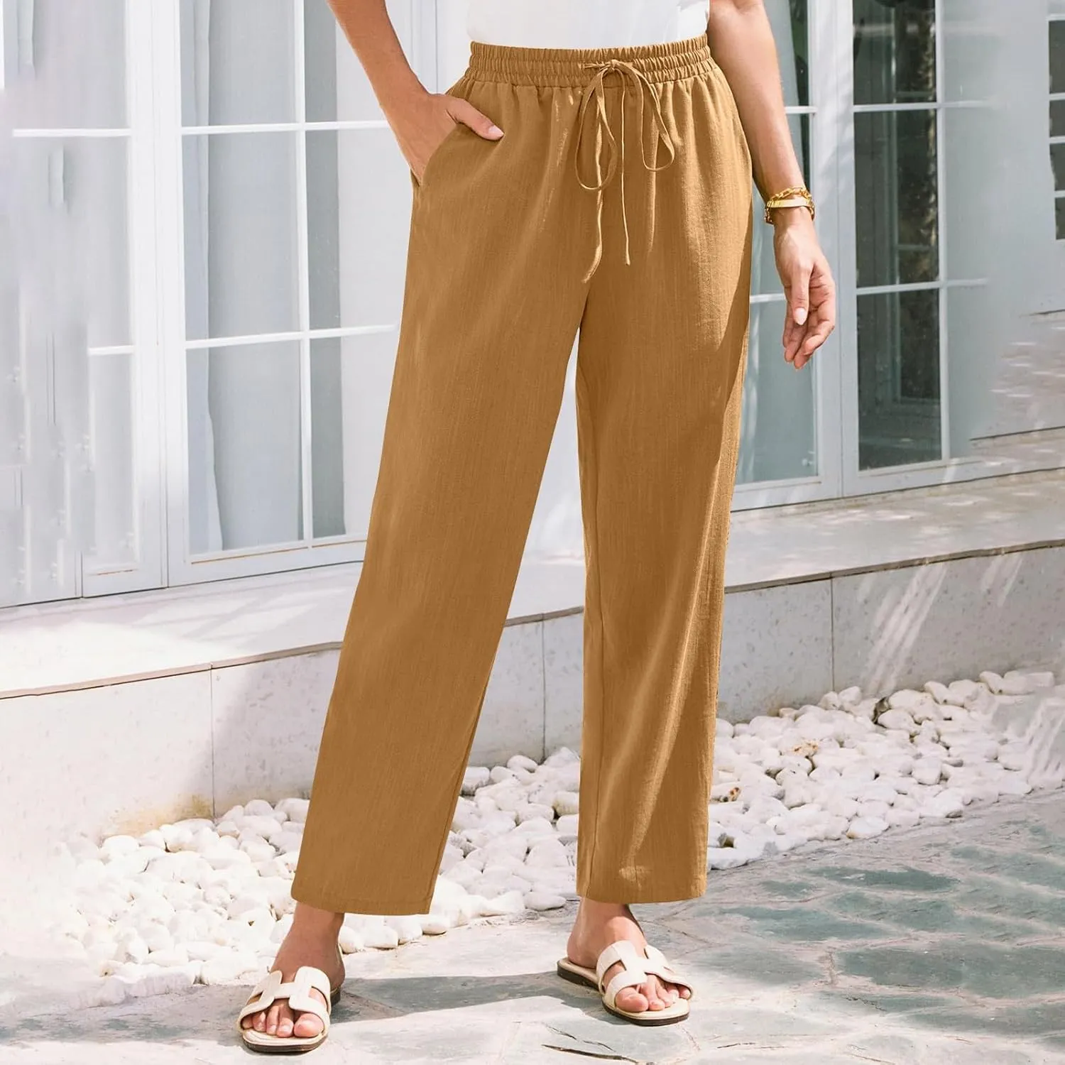 Women's Pants, Peasant Pants Linen Straight Leg Casual Drawstring Trendy Comfortable Fit