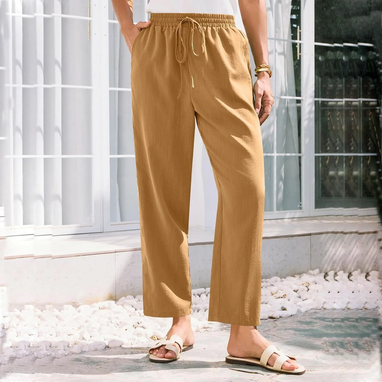 Women's Pants, Peasant Pants Linen Straight Leg Casual Drawstring Trendy Comfortable Fit
