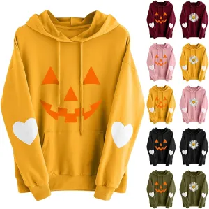 Womens Plus Size Halloween Hoodies Funny Pumpkin Printed Hooded Sweatshirts with Pocket Long Sleeve Oversized Shirts
