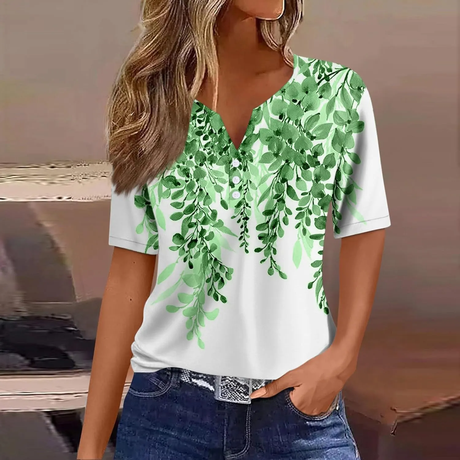 Womens Polo Shirts Short Sleeve Oversized V-Neck Pullover Printed Casual Shirt Top Loose Trendy Button Down T Shirt