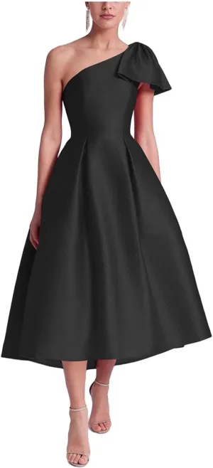Womens Satin One Shoulder Evening Dress with Pockets Tea Length Prom Gowns for Women A Line Wedding Guest Dress