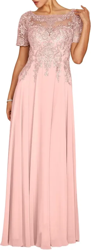 Women's Short Sleeve Chiffon Mother of The Bride Dresses Boat Neck Lace Applique Formal Wedding Guest Evening Gowns