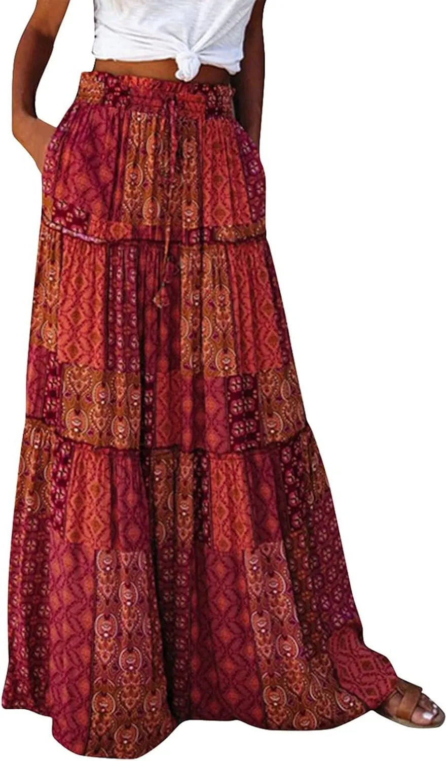 Women's Skirts Womens Summer Paisley Print Maxi Skirts Casual Elastic High Waist Pleated Flowy Ruffle Long Skirt