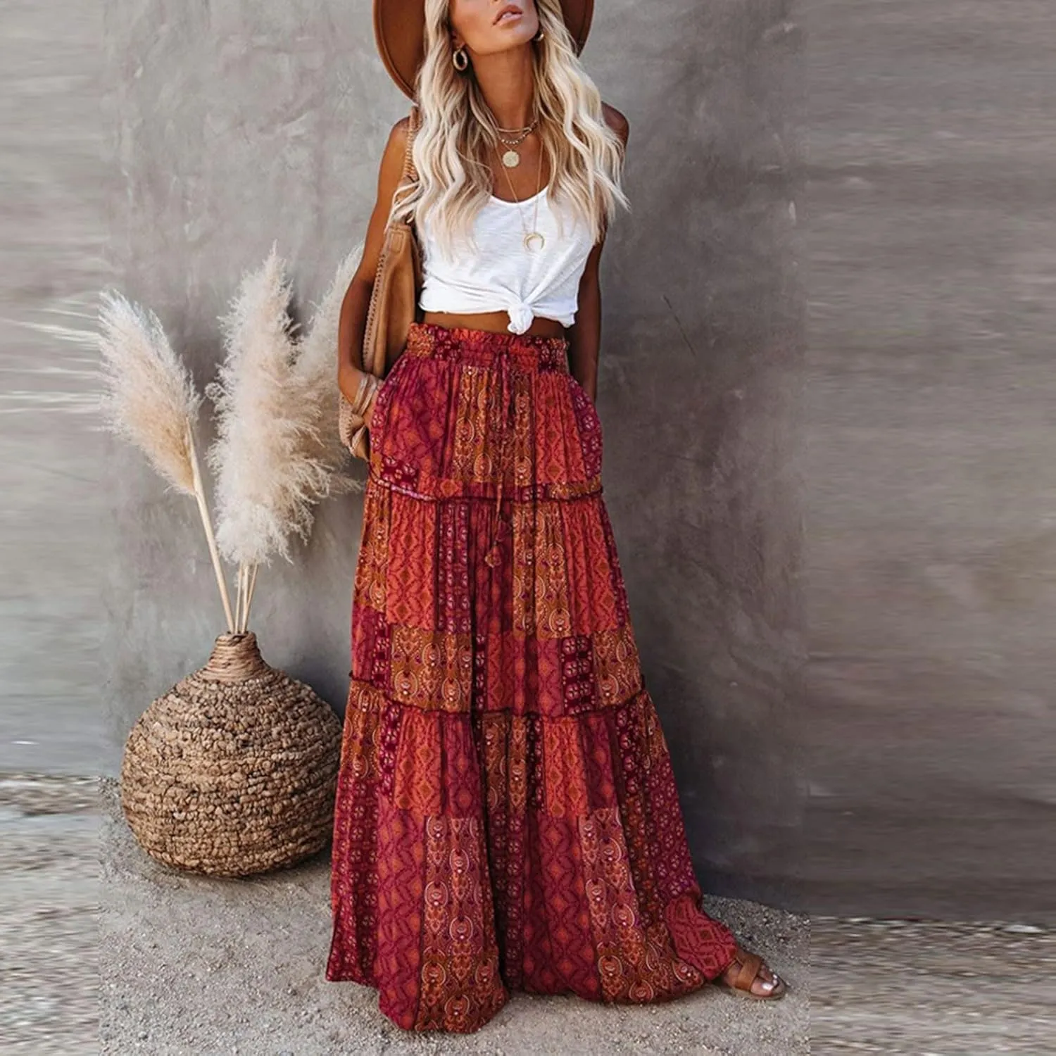 Women's Skirts Womens Summer Paisley Print Maxi Skirts Casual Elastic High Waist Pleated Flowy Ruffle Long Skirt