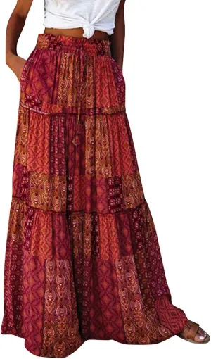 Women's Skirts Womens Summer Paisley Print Maxi Skirts Casual Elastic High Waist Pleated Flowy Ruffle Long Skirt