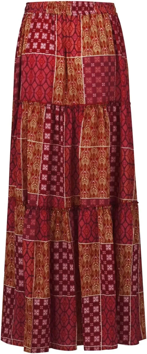 Women's Skirts Womens Summer Paisley Print Maxi Skirts Casual Elastic High Waist Pleated Flowy Ruffle Long Skirt
