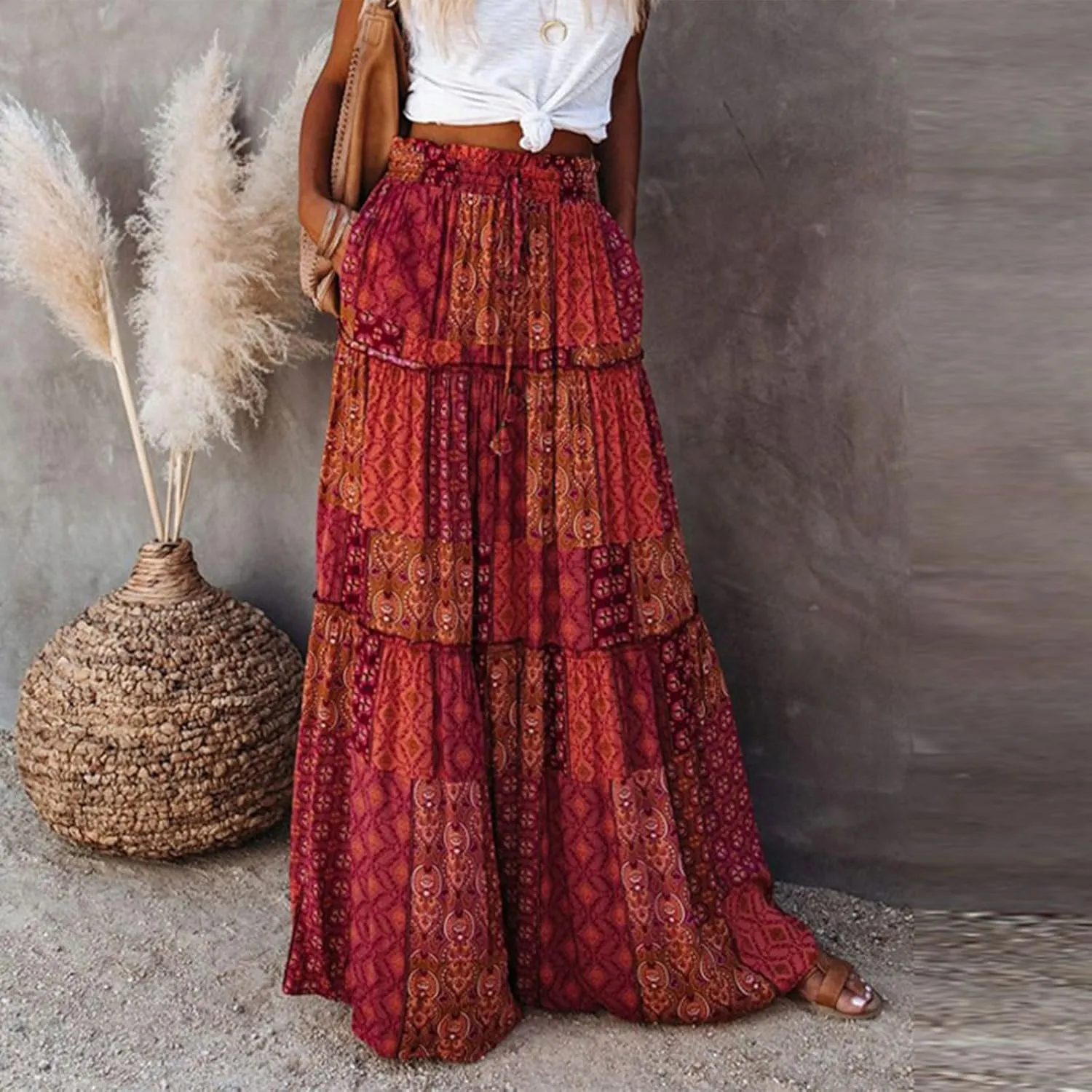 Women's Skirts Womens Summer Paisley Print Maxi Skirts Casual Elastic High Waist Pleated Flowy Ruffle Long Skirt
