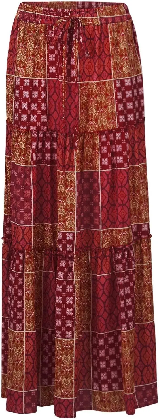 Women's Skirts Womens Summer Paisley Print Maxi Skirts Casual Elastic High Waist Pleated Flowy Ruffle Long Skirt
