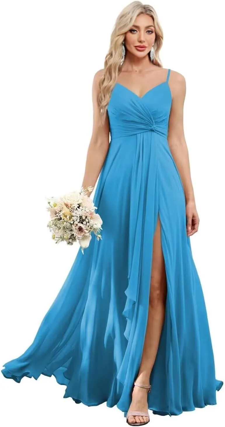 Women's Spaghetti Straps Bridesmaid Dresses with Slit Long V-Neck Chiffon Formal Party Dresses with Pockets