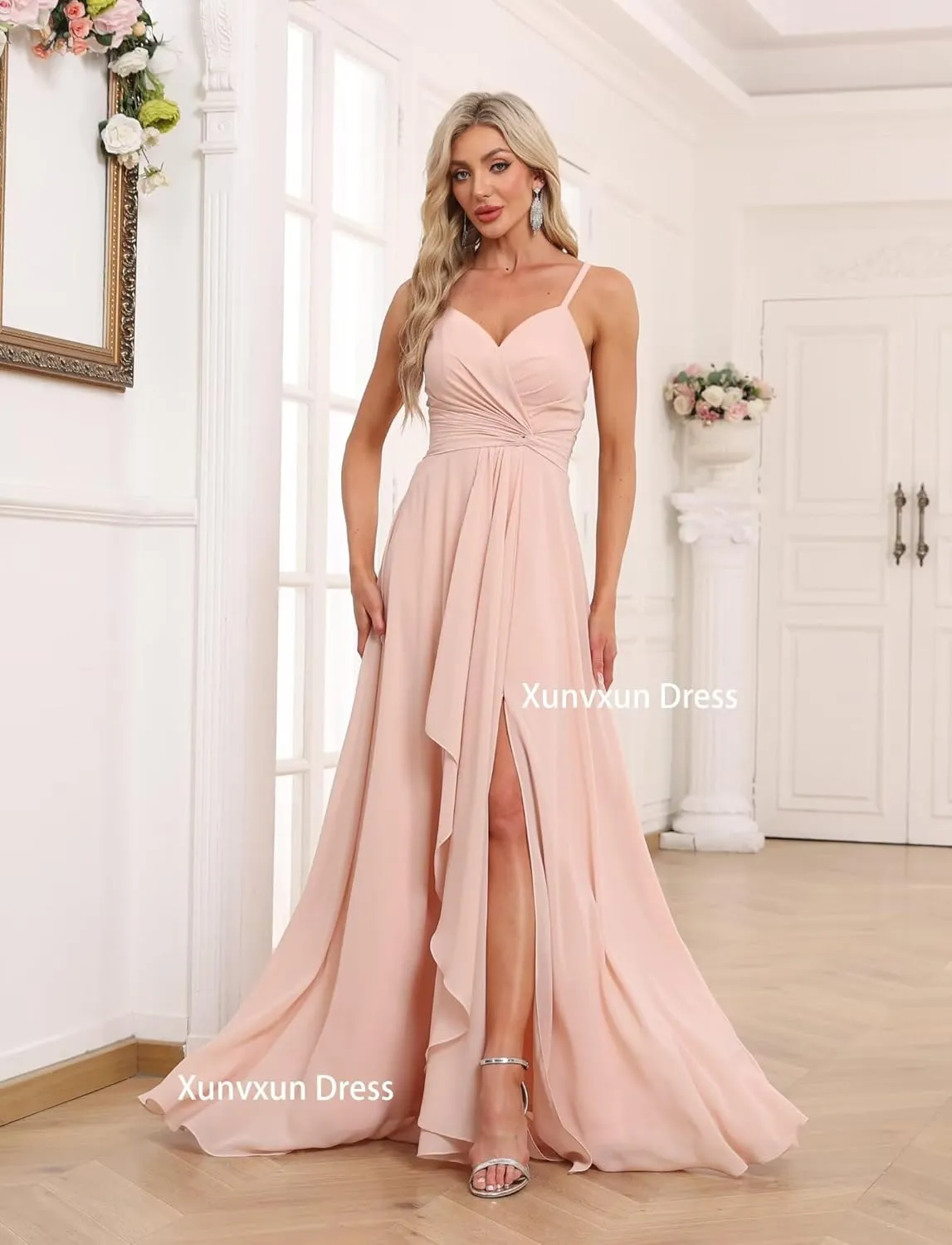 Women's Spaghetti Straps Bridesmaid Dresses with Slit Long V-Neck Chiffon Formal Party Dresses with Pockets