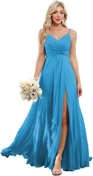 Women's Spaghetti Straps Bridesmaid Dresses with Slit Long V-Neck Chiffon Formal Party Dresses with Pockets