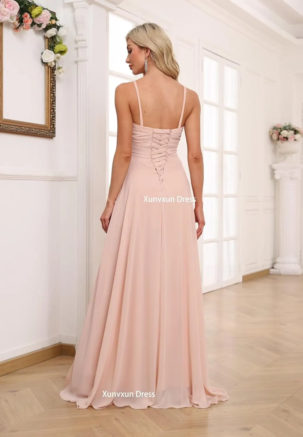 Women's Spaghetti Straps Bridesmaid Dresses with Slit Long V-Neck Chiffon Formal Party Dresses with Pockets