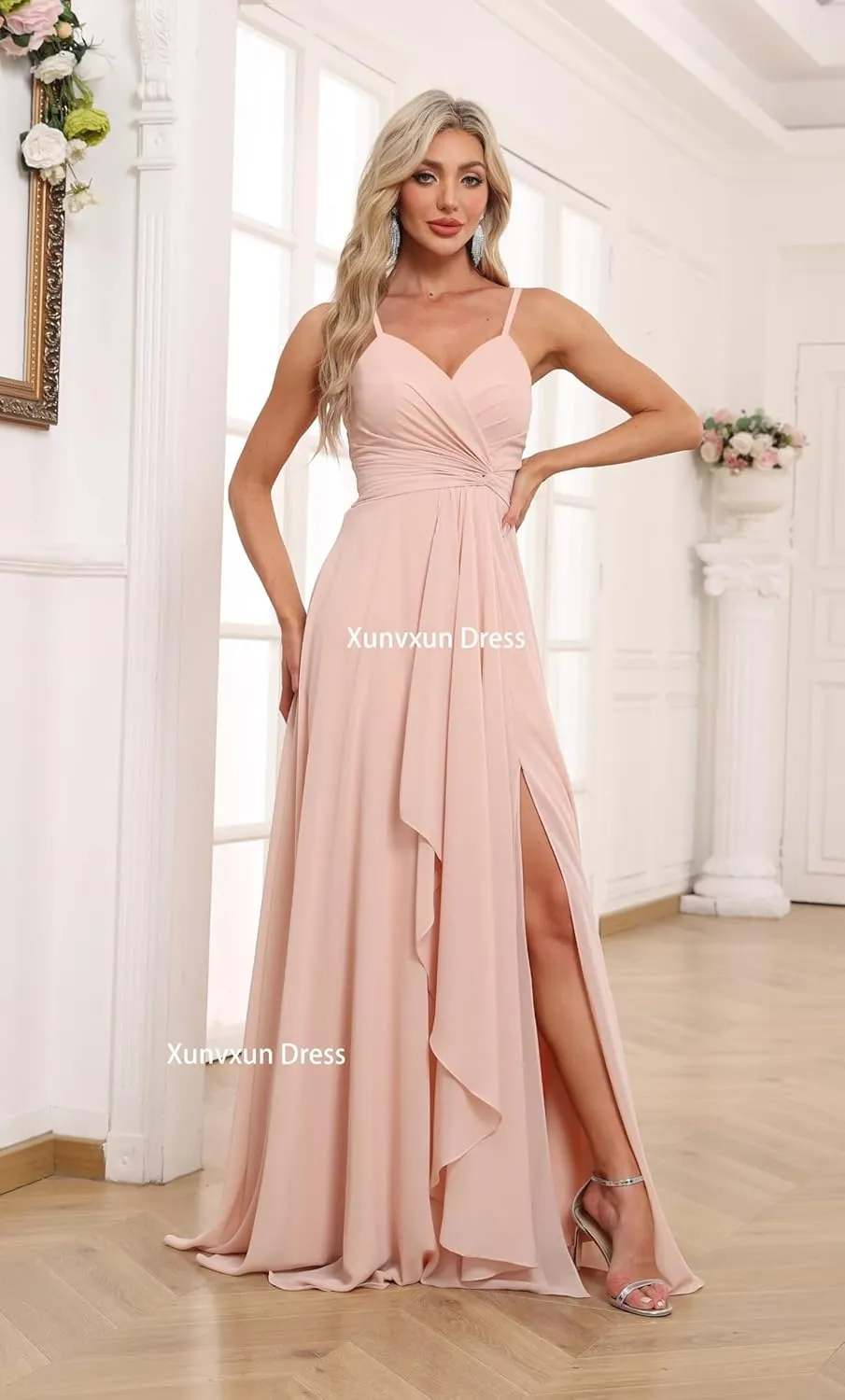 Women's Spaghetti Straps Bridesmaid Dresses with Slit Long V-Neck Chiffon Formal Party Dresses with Pockets