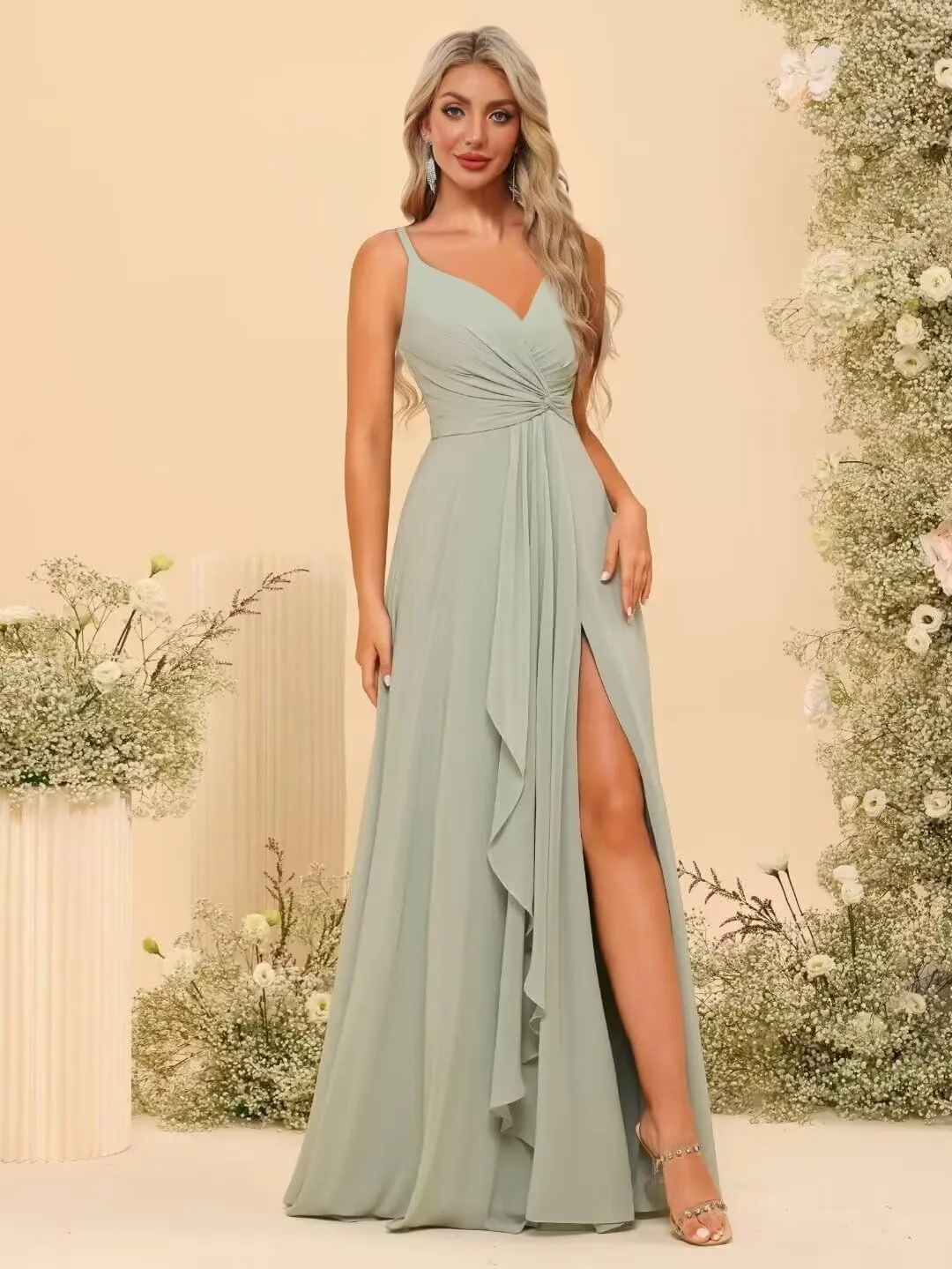 Women's Spaghetti Straps Bridesmaid Dresses with Slit Long V-Neck Chiffon Formal Party Dresses with Pockets