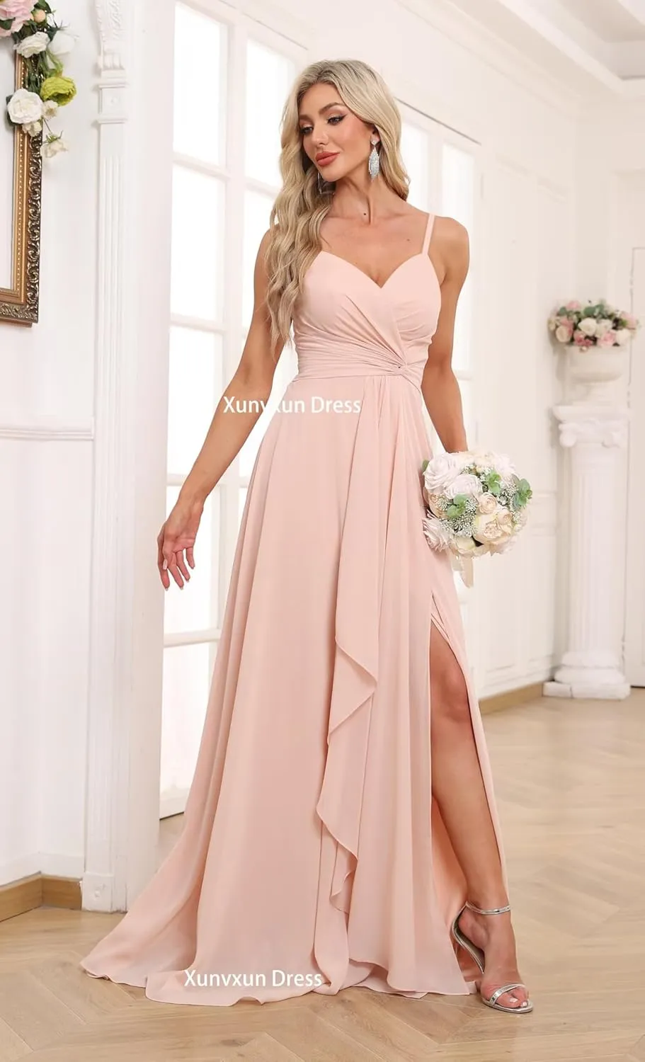 Women's Spaghetti Straps Bridesmaid Dresses with Slit Long V-Neck Chiffon Formal Party Dresses with Pockets
