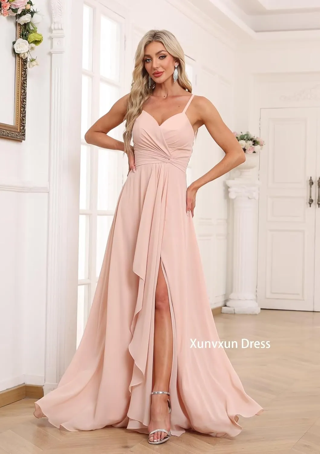 Women's Spaghetti Straps Bridesmaid Dresses with Slit Long V-Neck Chiffon Formal Party Dresses with Pockets