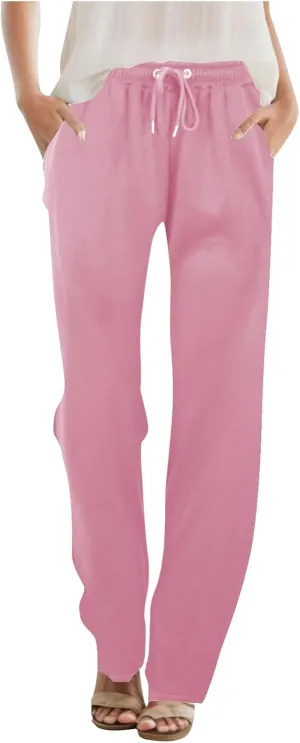 Women's Straight Long Pants Sports Fitness Loose Pants Solid Color Casual Trousers High Waist Trousers with Pocket