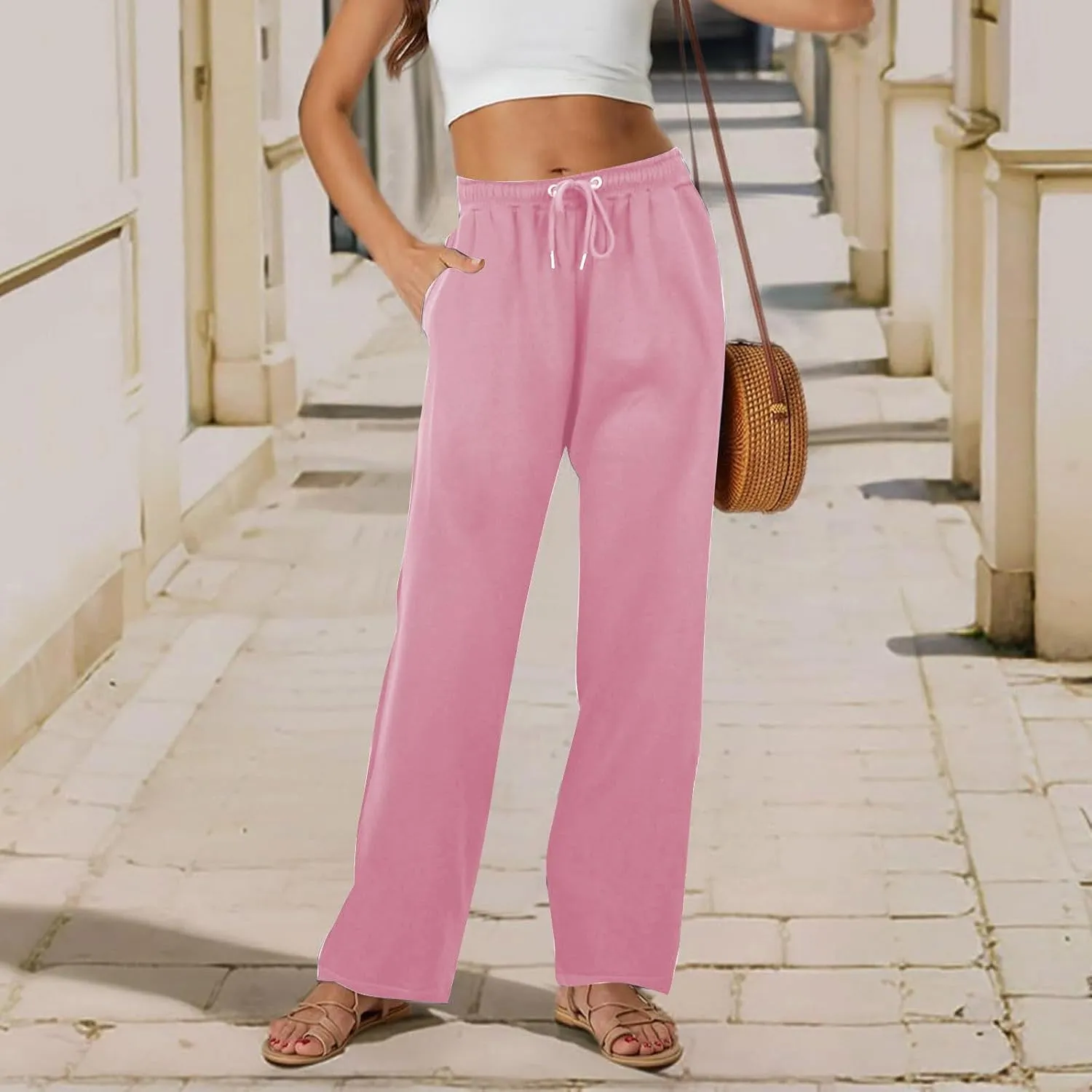 Women's Straight Long Pants Sports Fitness Loose Pants Solid Color Casual Trousers High Waist Trousers with Pocket