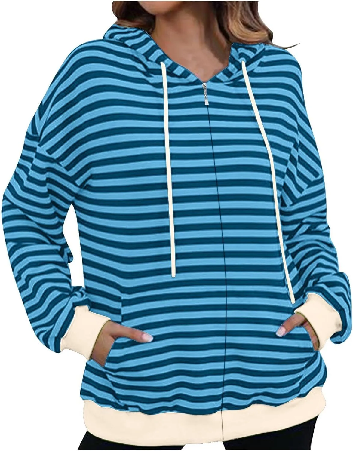 Women's Striped Hooded Sweatshirts Casual Long Sleeved Zippered Jackets Fall Trendy Thin Coats with Pockets