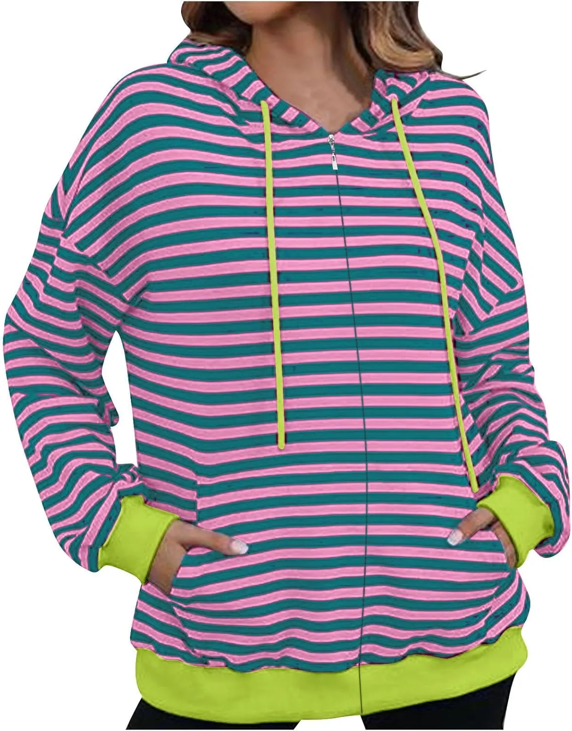 Women's Striped Hooded Sweatshirts Casual Long Sleeved Zippered Jackets Fall Trendy Thin Coats with Pockets