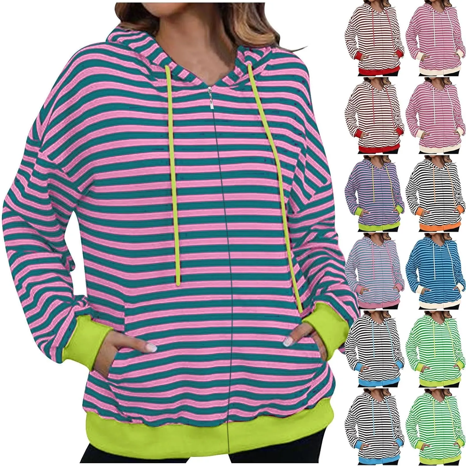 Women's Striped Hooded Sweatshirts Casual Long Sleeved Zippered Jackets Fall Trendy Thin Coats with Pockets