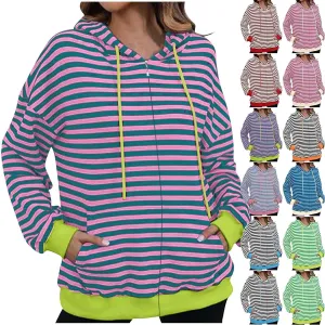Women's Striped Hooded Sweatshirts Casual Long Sleeved Zippered Jackets Fall Trendy Thin Coats with Pockets