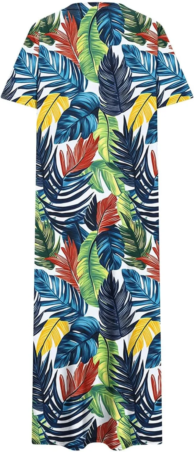 Womens Summer Dresses Short Sleeve Long T Shirt Dress Split Maxi Dress Boho Floral Print Beach Sundresses with Pockets