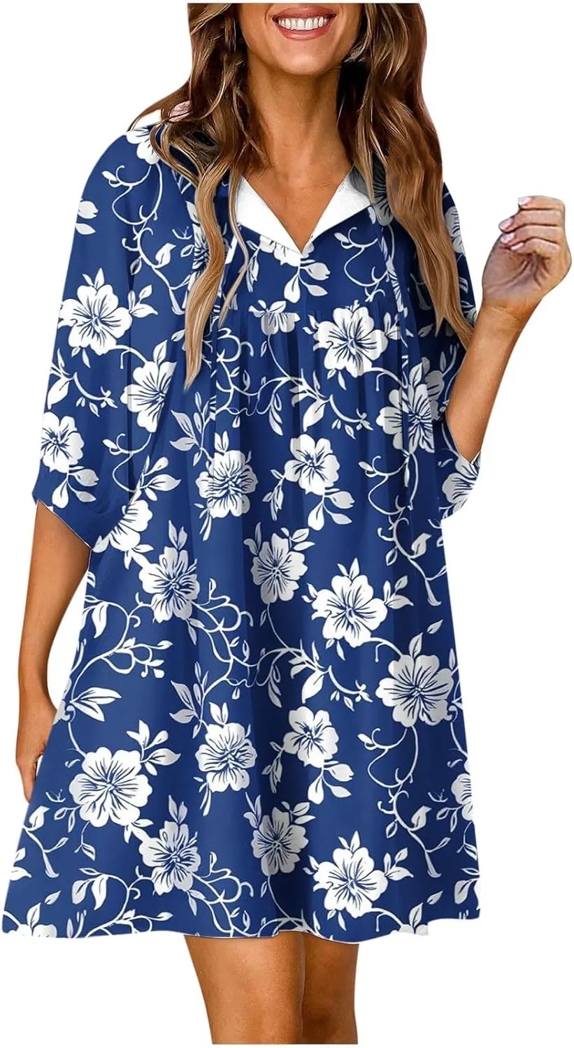 Womens Summer Shirt Dresses Casual V-Neck Three-Quarter Sleeve Dress Vacation Beach Sun Dress Boho Maxi Dress
