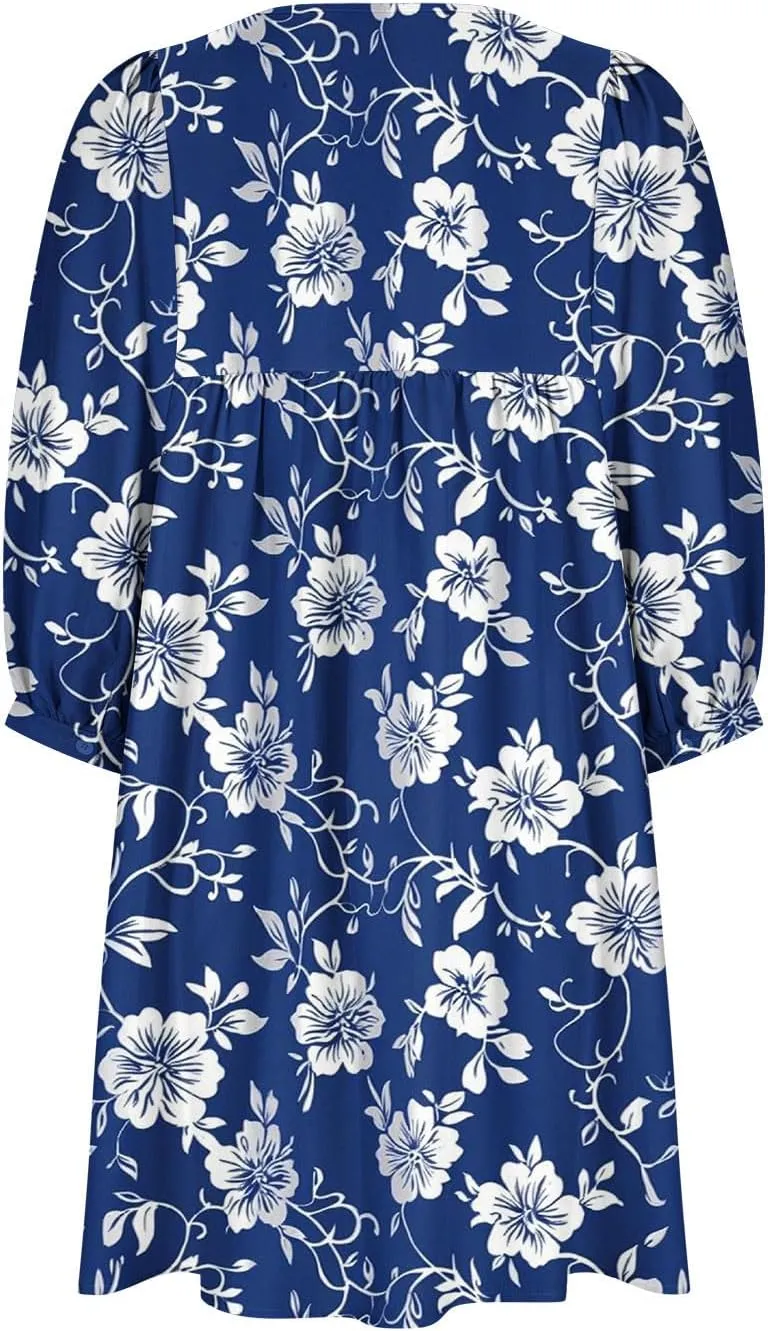 Womens Summer Shirt Dresses Casual V-Neck Three-Quarter Sleeve Dress Vacation Beach Sun Dress Boho Maxi Dress