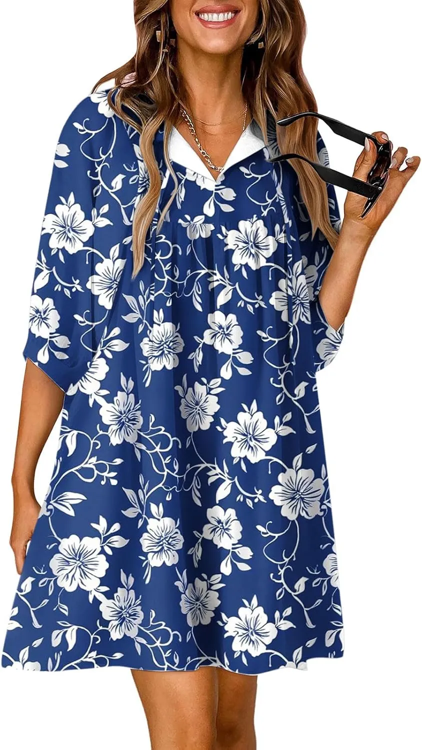 Womens Summer Shirt Dresses Casual V-Neck Three-Quarter Sleeve Dress Vacation Beach Sun Dress Boho Maxi Dress