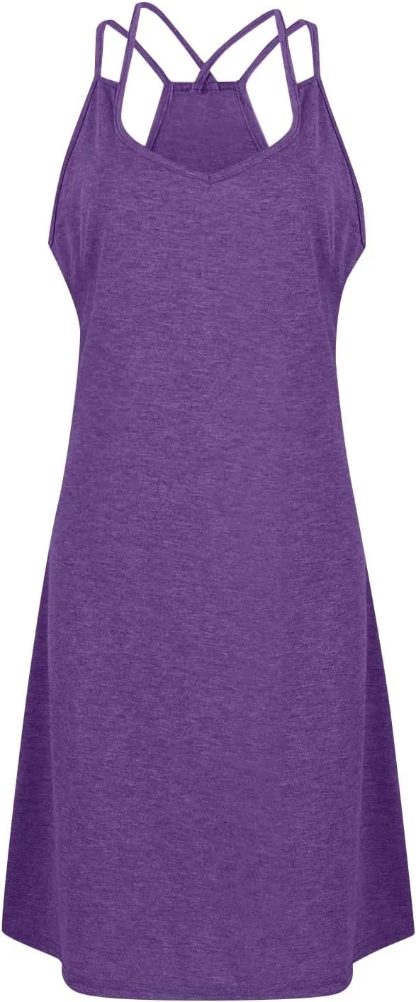 Women's Sundresses 2024 Casual Beach Tank Dress Solid Color Sleeveless Midi Sundress with Pocket