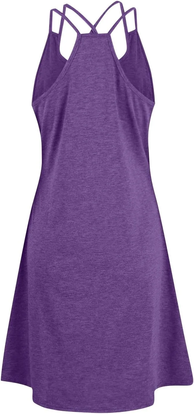 Women's Sundresses 2024 Casual Beach Tank Dress Solid Color Sleeveless Midi Sundress with Pocket