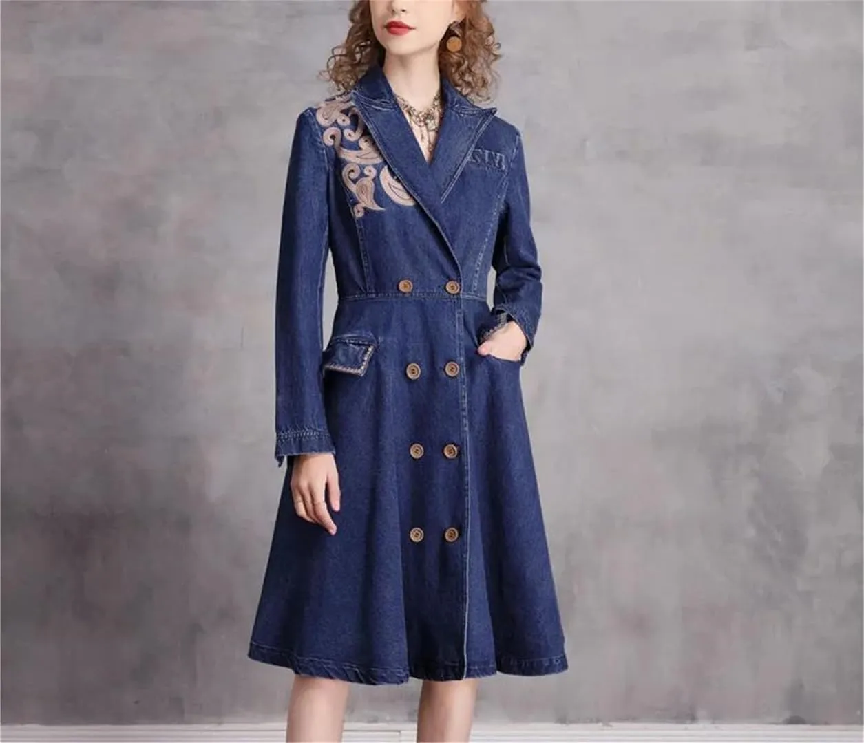 Womens Vintage Denim Suit Dress High Waisted Doubld Breasted Aline Denim Dresses Embroidered Jean Dress