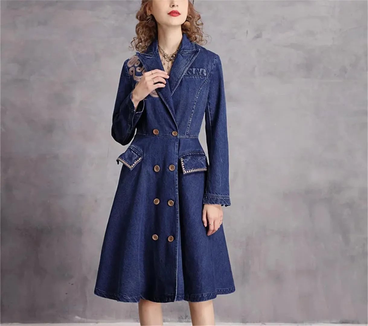 Womens Vintage Denim Suit Dress High Waisted Doubld Breasted Aline Denim Dresses Embroidered Jean Dress