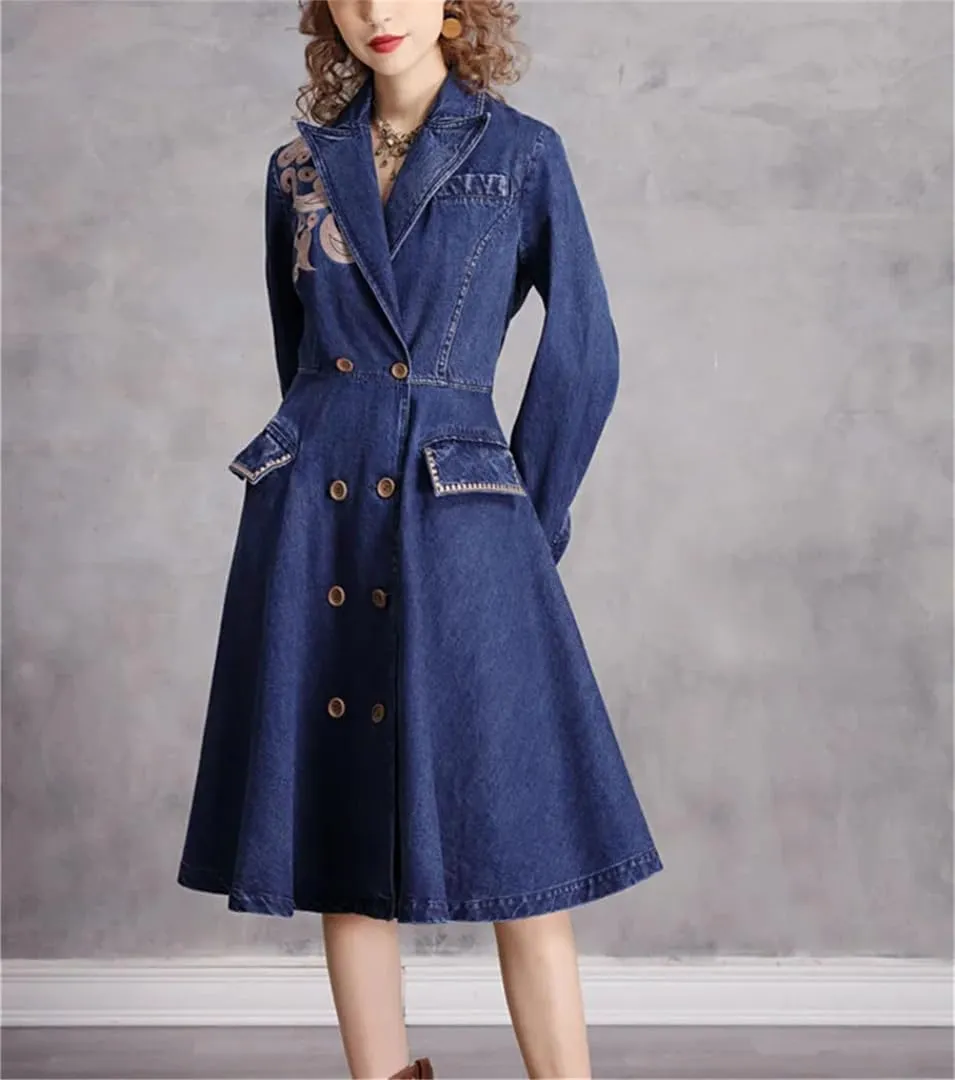Womens Vintage Denim Suit Dress High Waisted Doubld Breasted Aline Denim Dresses Embroidered Jean Dress