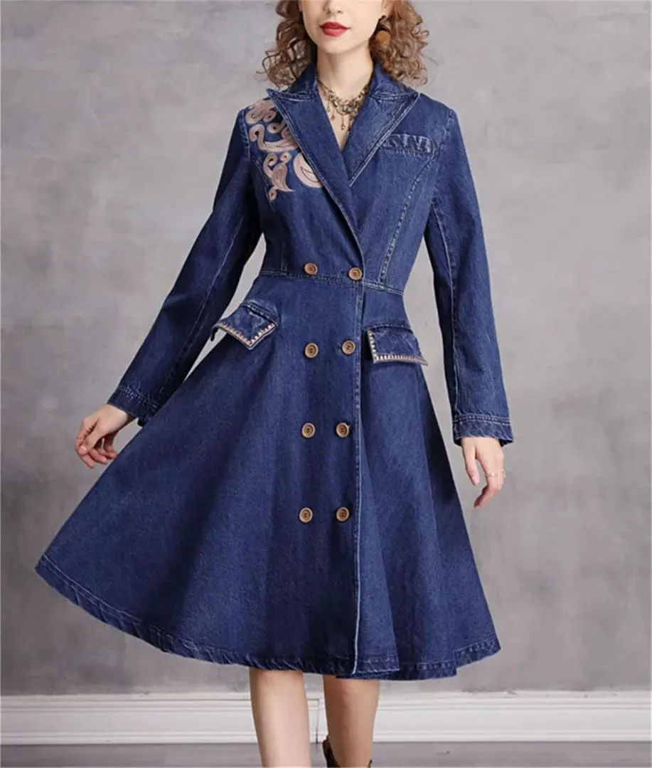 Womens Vintage Denim Suit Dress High Waisted Doubld Breasted Aline Denim Dresses Embroidered Jean Dress
