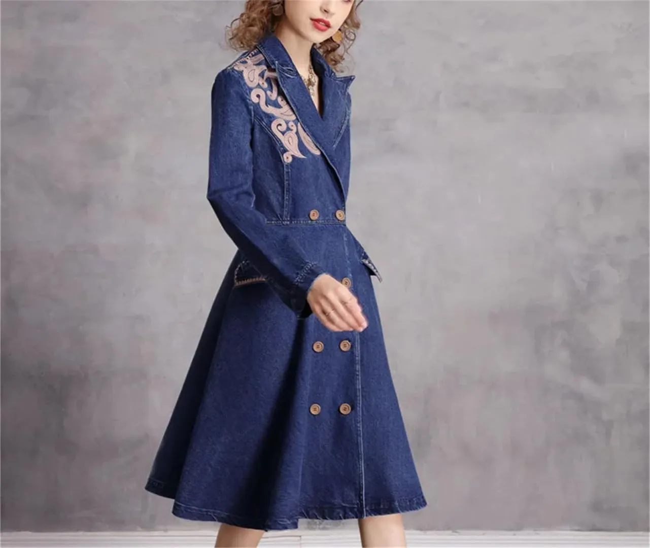 Womens Vintage Denim Suit Dress High Waisted Doubld Breasted Aline Denim Dresses Embroidered Jean Dress