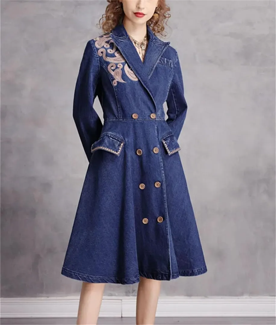 Womens Vintage Denim Suit Dress High Waisted Doubld Breasted Aline Denim Dresses Embroidered Jean Dress