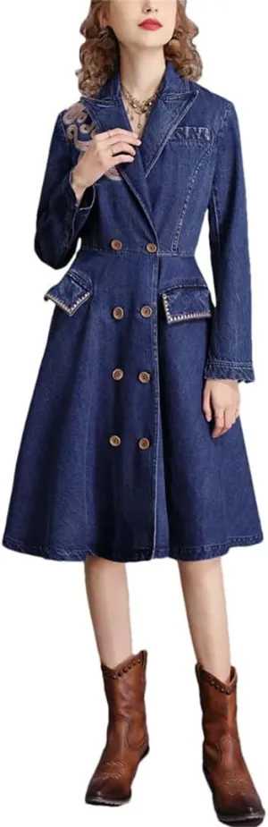 Womens Vintage Denim Suit Dress High Waisted Doubld Breasted Aline Denim Dresses Embroidered Jean Dress
