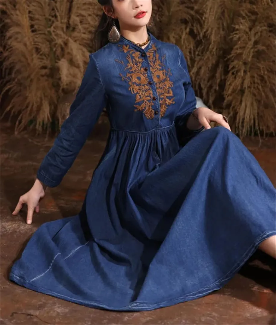Women's Vintage Stand Collar Wrist Sleeve Slim Midi Denim Dress Embroidery High Waisted Aline Jean Dress