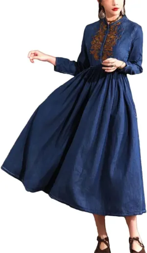 Women's Vintage Stand Collar Wrist Sleeve Slim Midi Denim Dress Embroidery High Waisted Aline Jean Dress
