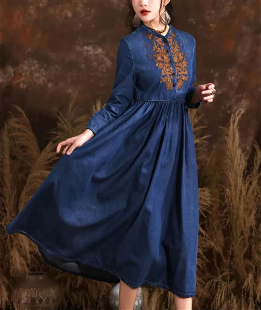 Women's Vintage Stand Collar Wrist Sleeve Slim Midi Denim Dress Embroidery High Waisted Aline Jean Dress