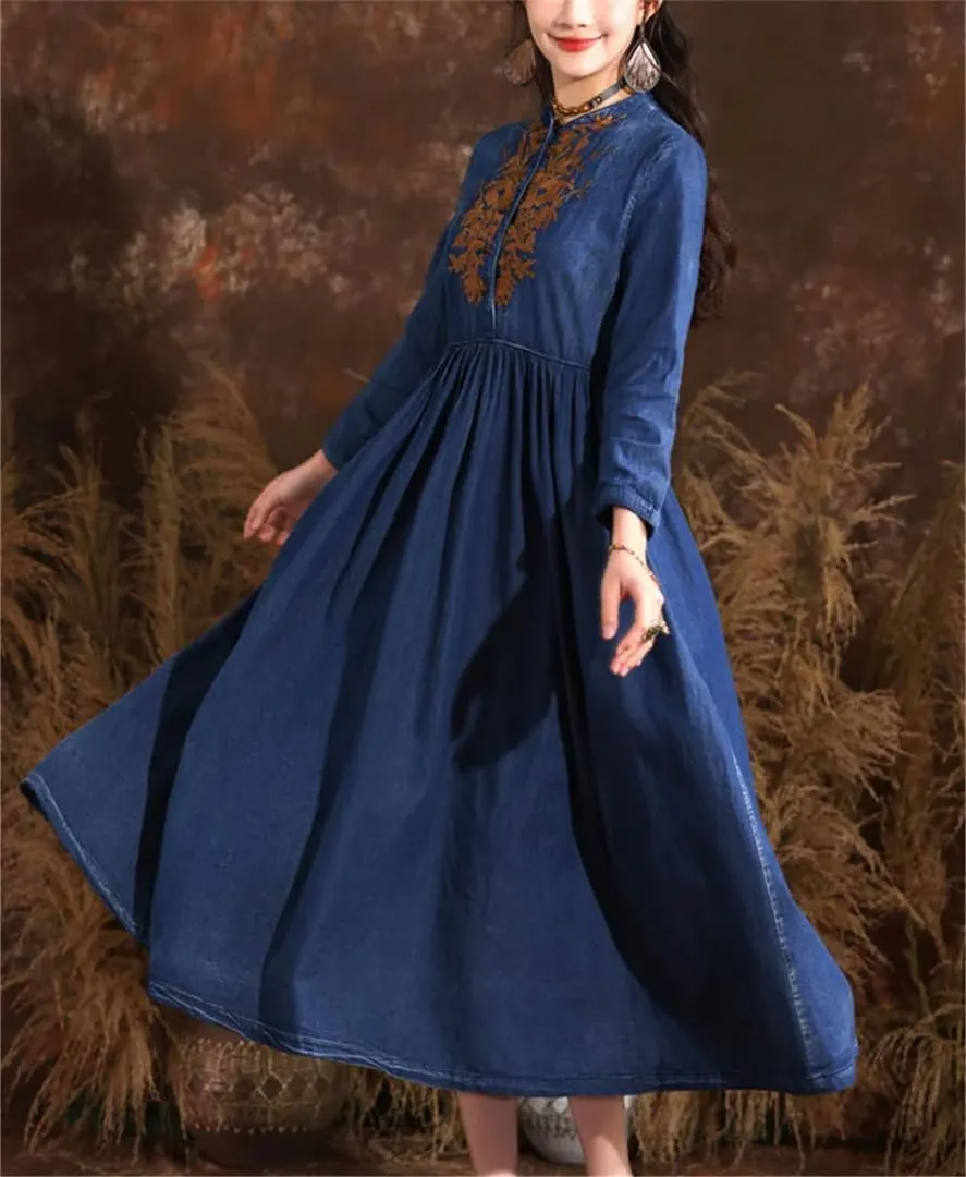 Women's Vintage Stand Collar Wrist Sleeve Slim Midi Denim Dress Embroidery High Waisted Aline Jean Dress