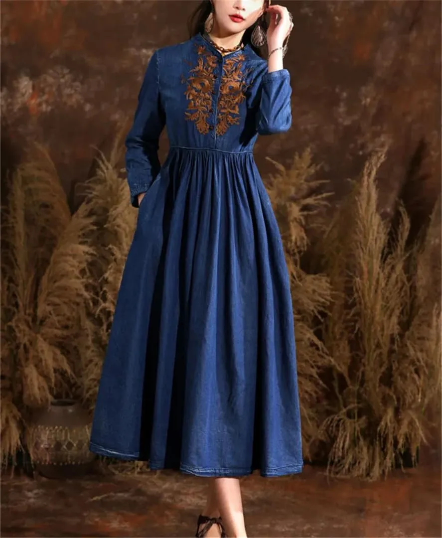 Women's Vintage Stand Collar Wrist Sleeve Slim Midi Denim Dress Embroidery High Waisted Aline Jean Dress