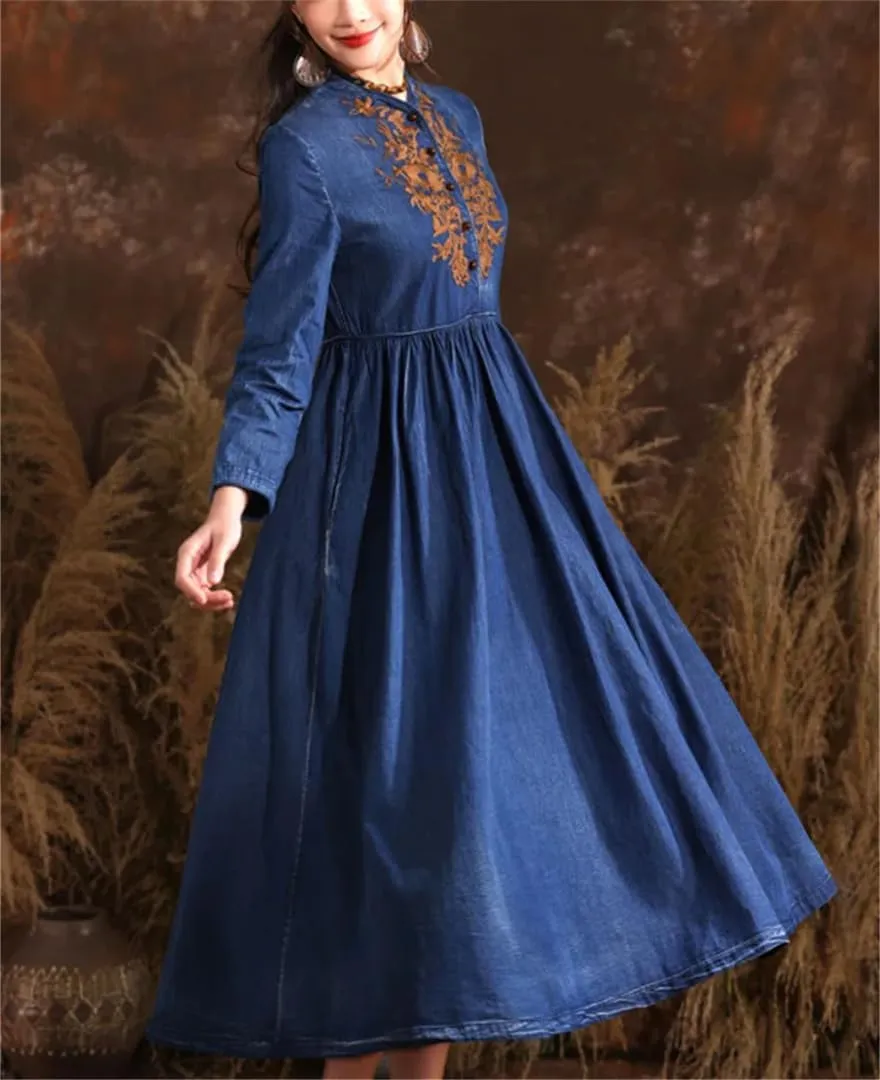 Women's Vintage Stand Collar Wrist Sleeve Slim Midi Denim Dress Embroidery High Waisted Aline Jean Dress