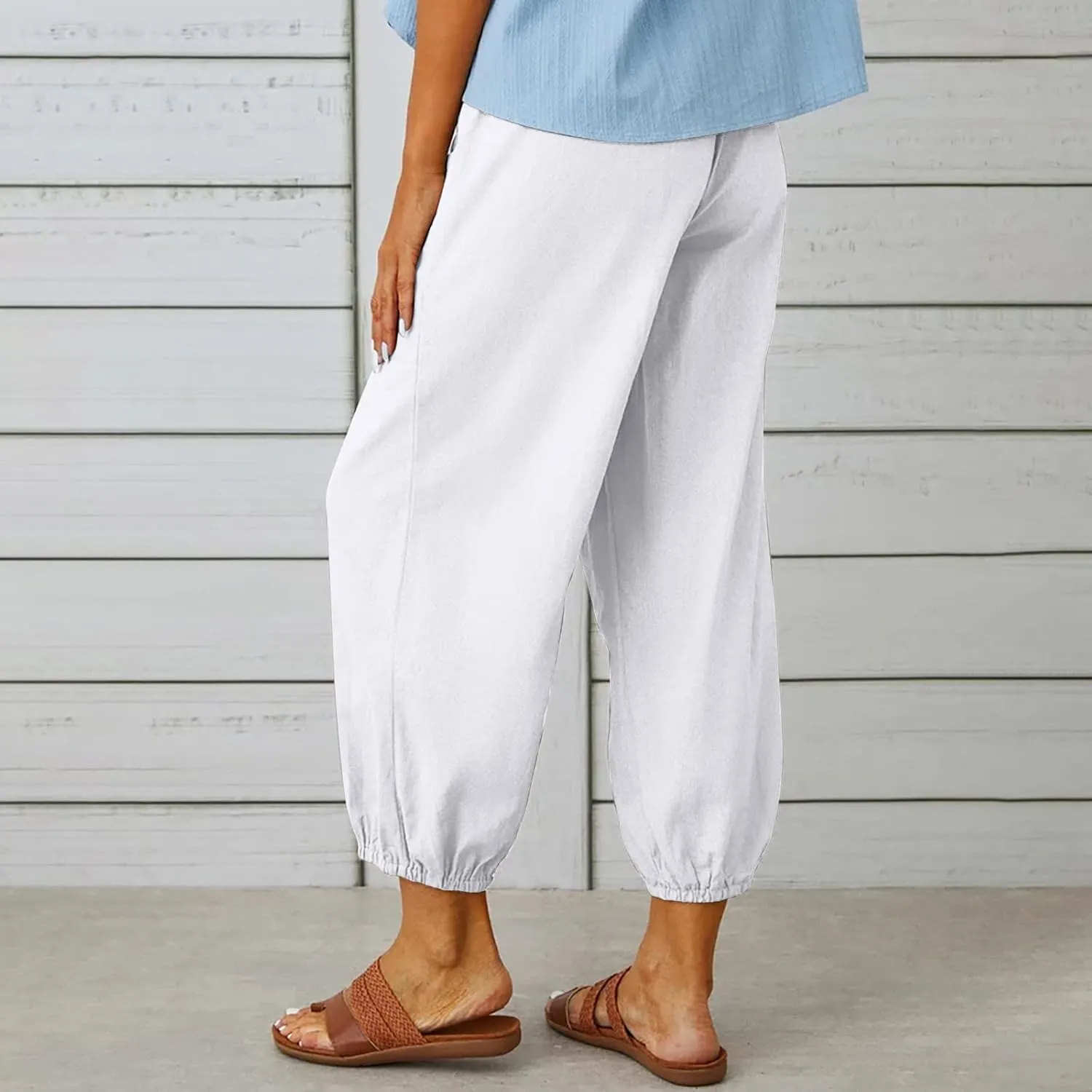 Womens Wide Leg Pants Casual Drawstring Capri Pants High Waist Cotton Linen Pants Lantern Tapered Harem Pants Slacks