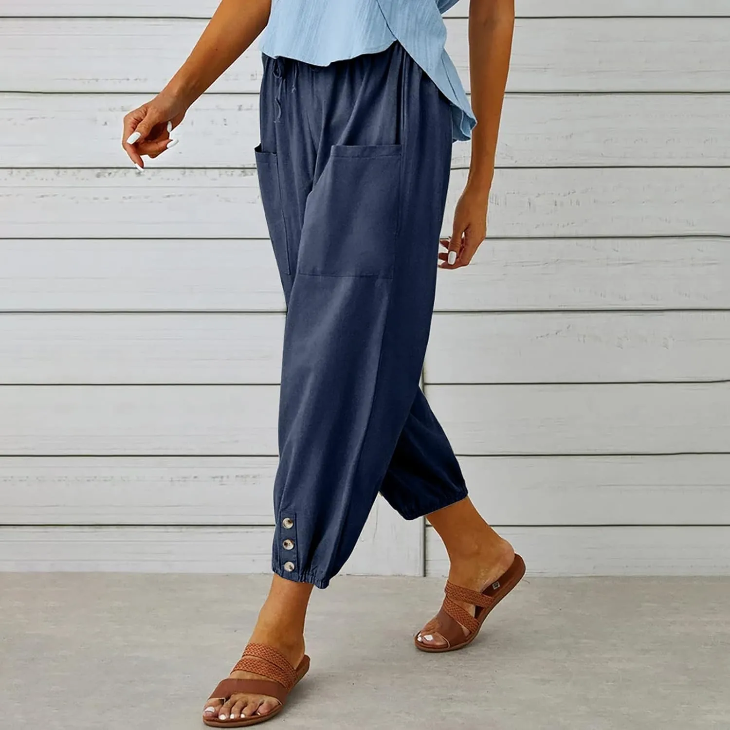 Womens Wide Leg Pants Casual Drawstring Capri Pants High Waist Cotton Linen Pants Lantern Tapered Harem Pants Slacks