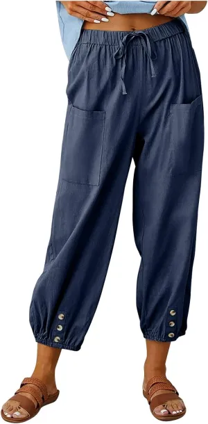 Womens Wide Leg Pants Casual Drawstring Capri Pants High Waist Cotton Linen Pants Lantern Tapered Harem Pants Slacks