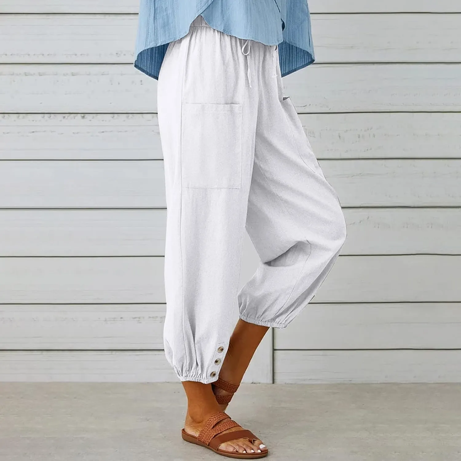 Womens Wide Leg Pants Casual Drawstring Capri Pants High Waist Cotton Linen Pants Lantern Tapered Harem Pants Slacks
