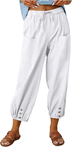 Womens Wide Leg Pants Casual Drawstring Capri Pants High Waist Cotton Linen Pants Lantern Tapered Harem Pants Slacks